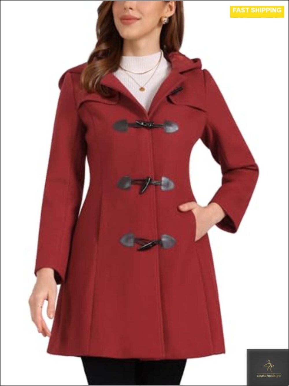 Womens Wool Pea Coat Hooded Toggle Duffle Long Winter Overcoat Fully Lined